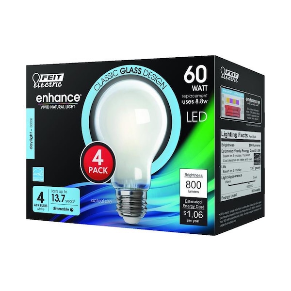 Feit Electric Feit Enhance A19 E26 (Medium) LED Bulb Daylight 60 Watt Equivalence 4 pk A1960950CAFIL4 - main